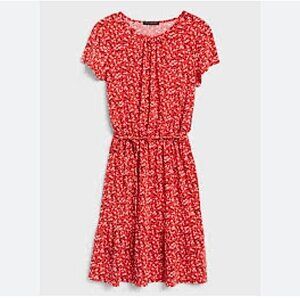 BR Fcty Red White Floral Fit & Flare Flounce Hem Short Sleeve Dress Sz M